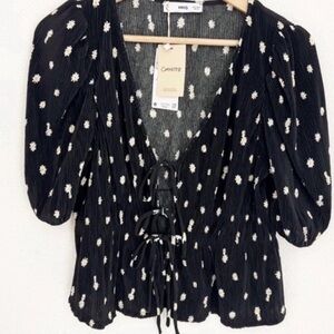 Mango Pleated Tie Front Top